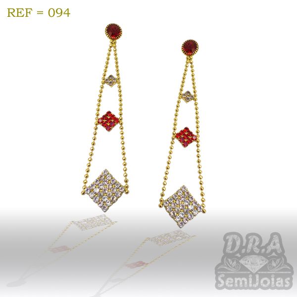 Brinco quadradinhos em strass e corrente bolinha folheado a ouro