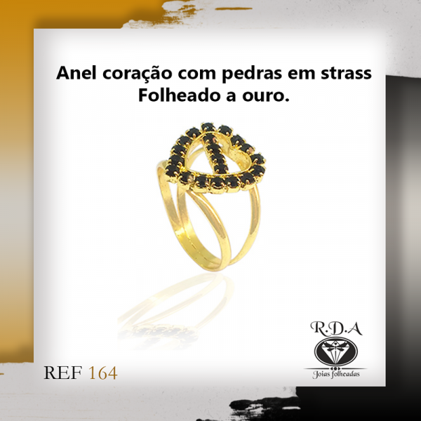 Anel coração strass folheado a ouro